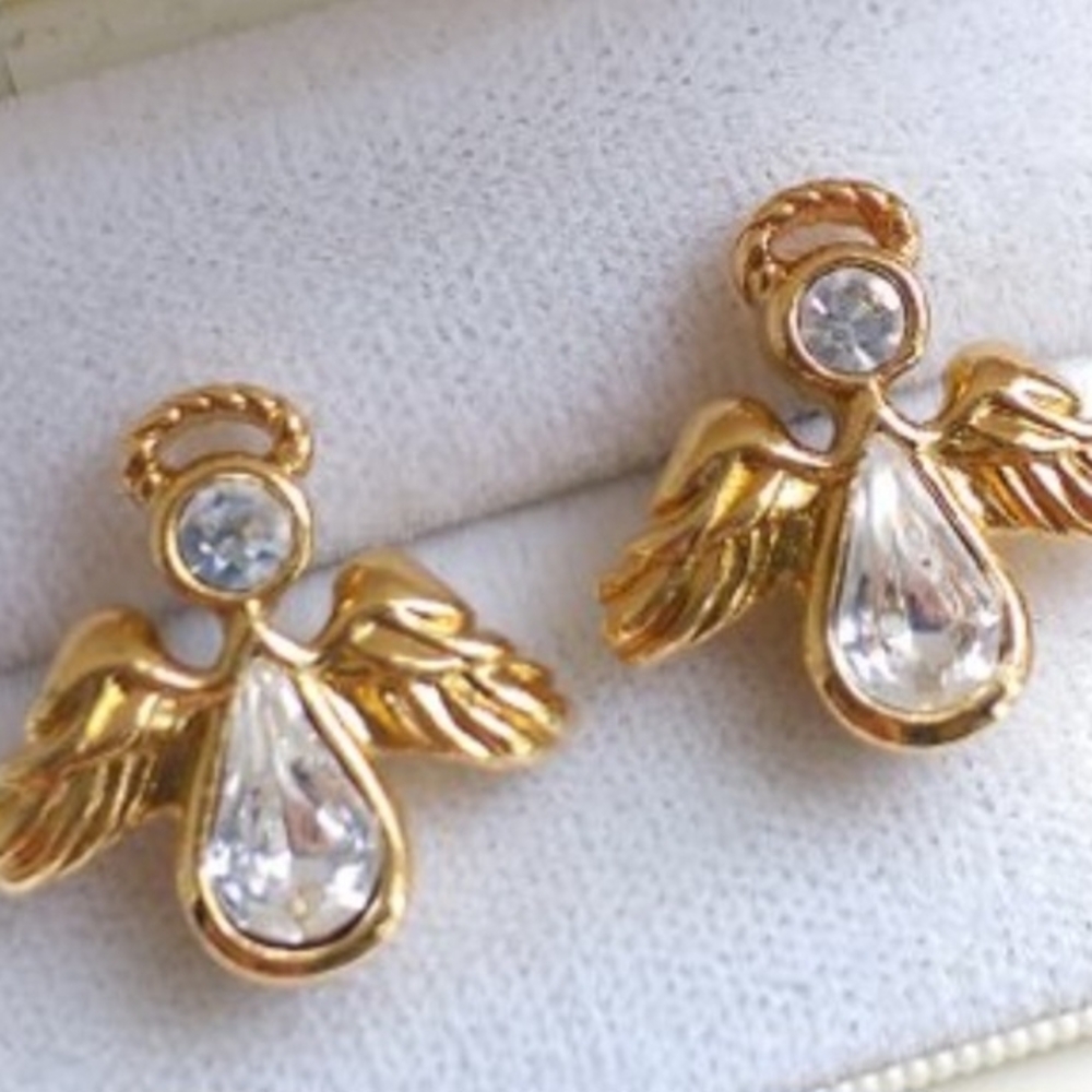 Angel Earrings Crystal Vintage Gold Tone Avon